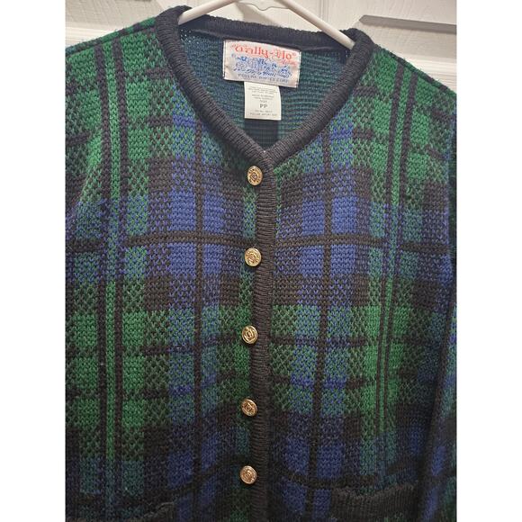 Vintage Tally-Ho Green Blue Plaid Cardigan Sweater Acrylic Size PP S 0-2 - Picture 5 of 15